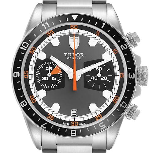 The Tudor Heritage Chrono 70330N-65740 Men's Stainless Steel Grey Dial 70330N-65740 Men's Stainless Steel Grey Dial watch is shown from the front, highlighting its dial, subdials, bezel, and pushers.