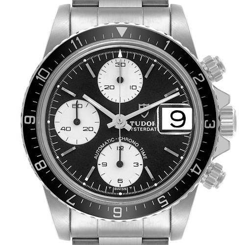The Tudor Big Block 79170 Men's Stainless Steel Black Dial 79170 Men's Stainless Steel Black Dial watch is shown from the front, highlighting its dial, bezel, subdials, and crown.