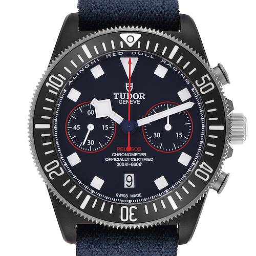 The Tudor Pelagos 25827KN Men's Stainless Steel Blue Dial watch is shown from the front, highlighting the dial, markers, bezel, pushers, and crown.