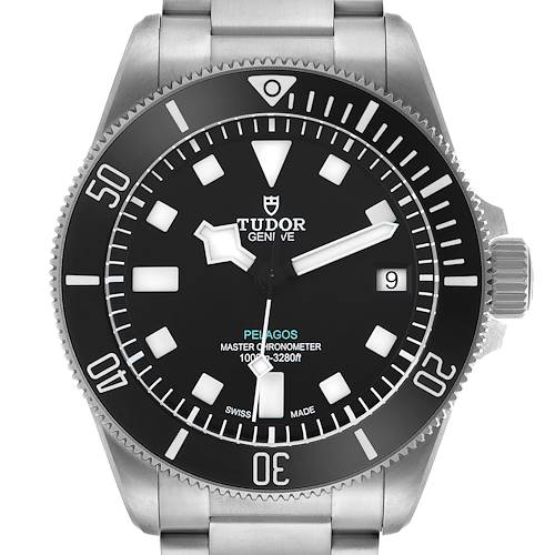 The Tudor Pelagos 2543C Men's Titanium Black Dial watch is shown from a top-down angle highlighting the dial, bezel, and crown.