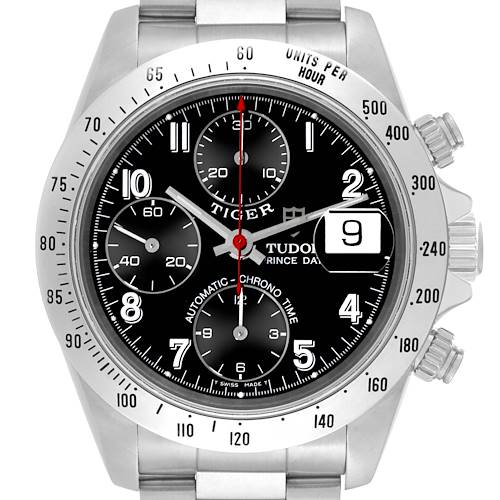 The image shows a frontal view of the Tudor Prince model watch, highlighting its dial, subdials, bezel, and date window.