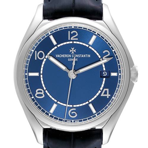 The image shows a front view of the Fiftysix model by Vacheron Constantin, highlighting its blue dial and silver case.