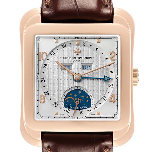 The image shows a front view of a Vacheron Constantin Historiques 47300/000R Men's Rose Gold Silver Dial watch, highlighting its dial and case details.