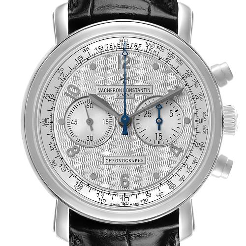 The Vacheron Constantin Malte 47120 Men's White Gold Silver Dial watch is shown from the front, highlighting the dial, subdials, and chronograph features.