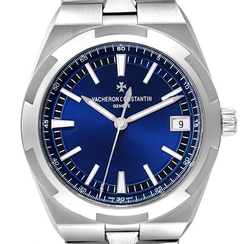 The Vacheron Constantin Overseas 4500V Men's Stainless Steel Blue Dial watch is shown from a front angle, highlighting its blue dial and date window.
