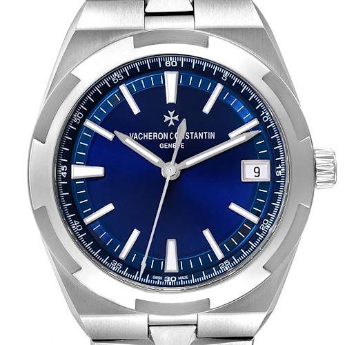 The Vacheron Constantin Overseas 4500V Men's Stainless Steel Blue Dial watch is shown from the front, highlighting the dial, bezel, and crown.