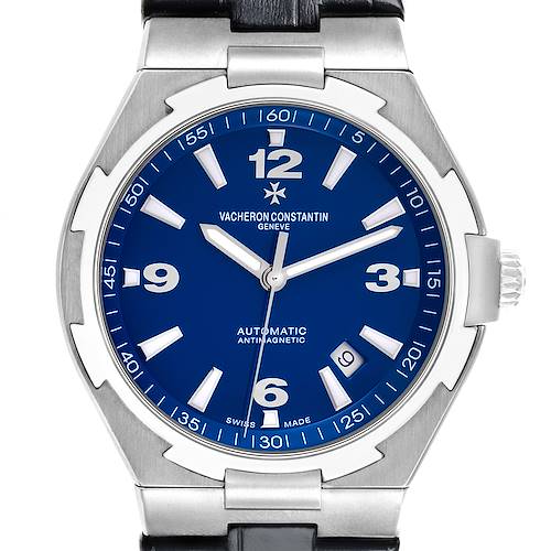 The Vacheron Constantin Overseas 47040/000A Men's Stainless Steel Blue Dial 47040/000A Men's Stainless Steel Blue Dial watch is shown from the front, displaying the blue dial and part of the strap.