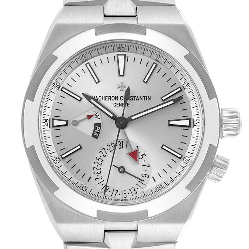 The Vacheron Constantin Overseas 7900V Men's Stainless Steel Silver Dial watch is shown from a front angle, highlighting its dial, markers, hands, and date function.