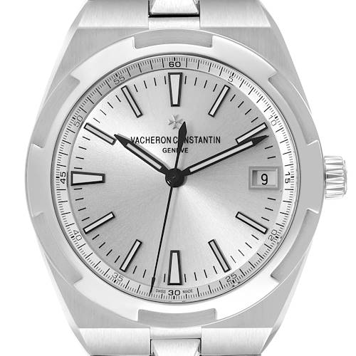 This image shows a front view of the Vacheron Constantin Overseas 4500V/110A-B126 Men's Stainless Steel Silver Dial 4500V/110A-B126 Men's Stainless Steel Silver Dial model watch, displaying the dial, hands, markers, and date window.