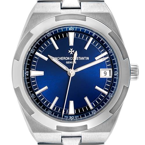 The Vacheron Constantin Overseas 4500V Men's Stainless Steel Blue Dial watch image shows a front view highlighting the blue dial, date window, and stainless steel case.
