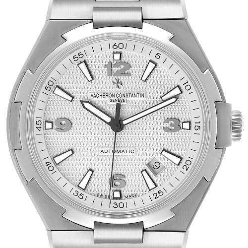 The Vacheron Constantin Overseas 47040 Men's Stainless Steel Silver Dial watch is shown from the front, highlighting the dial, hands, and bezel.