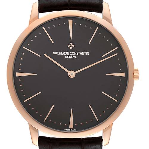The Vacheron Constantin Patrimony 81180/000R Men's Rose Gold Brown Dial watch is shown from a front angle, displaying the dial, hands, and crown.