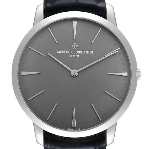 The image shows a front view of the Vacheron Constantin Patrimony 81180/000P-9539 Men's Platinum Grey Dial watch, highlighting its dial, hands, and bezel.