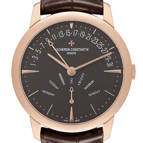 The Vacheron Constantin Patrimony 86020 Men's Rose Gold Grey Dial model is shown from the front, displaying the dial and hands with a clear view of the day and date functions.