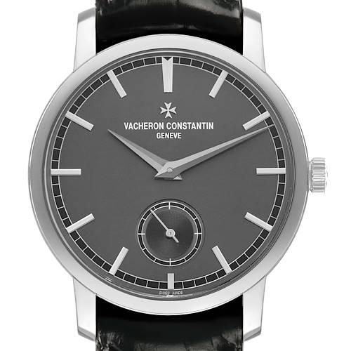 The Vacheron Constantin Traditionnelle 82172/000P-9811 Men's Platinum Grey Dial watch is shown from a front angle, displaying its dial, hands, and crown.