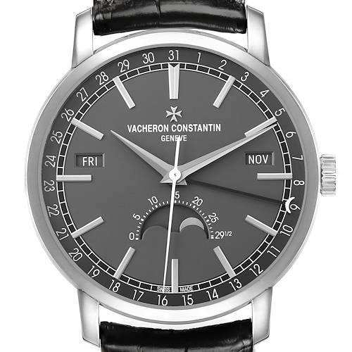 The Vacheron Constantin Traditionnelle 4010T/000G-B740 Men's White Gold Grey Dial watch is shown from the front, displaying the dial, hands, crown, and strap.