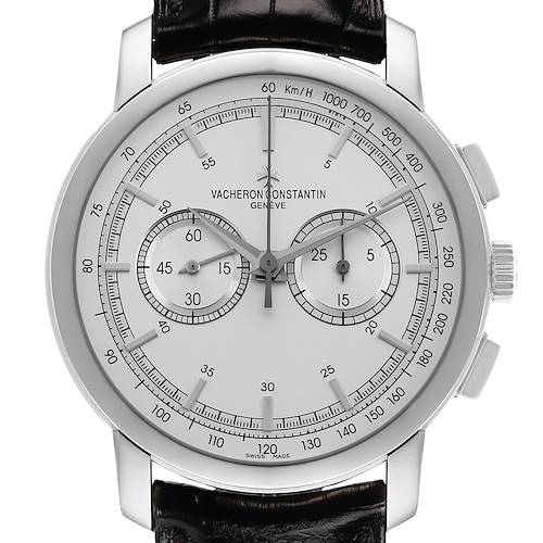 The Vacheron Constantin Traditionnelle 47192 Men's White Gold Silver Dial watch is shown from a front angle, highlighting the dial and chronograph subdials.