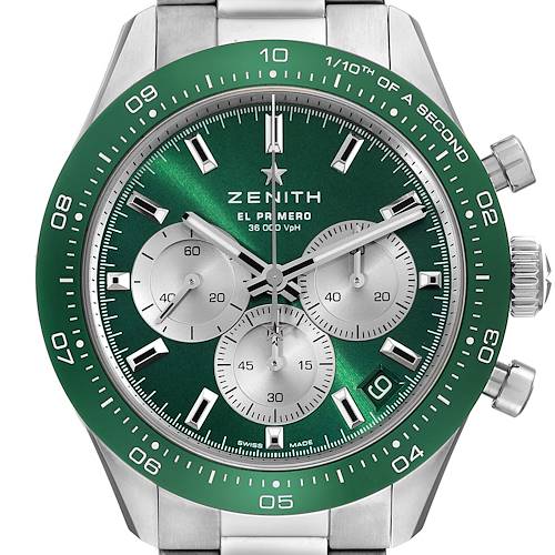 The Zenith Chronomaster 03.3108.3600/57.M3100 Men's Stainless Steel Green Dial 03.3108.3600/57.M3100 Men's Stainless Steel Green Dial watch is shown from a front view, highlighting the green bezel, dial, subdials, and crown.