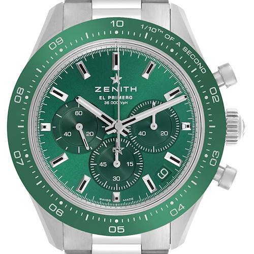The Zenith Chronomaster 03.3107.3600/56.M3100 Men's Stainless Steel Green Dial 03.3107.3600/56.M3100 Men's Stainless Steel Green Dial watch is shown from the front, highlighting the green dial, bezel, subdials, and crown.