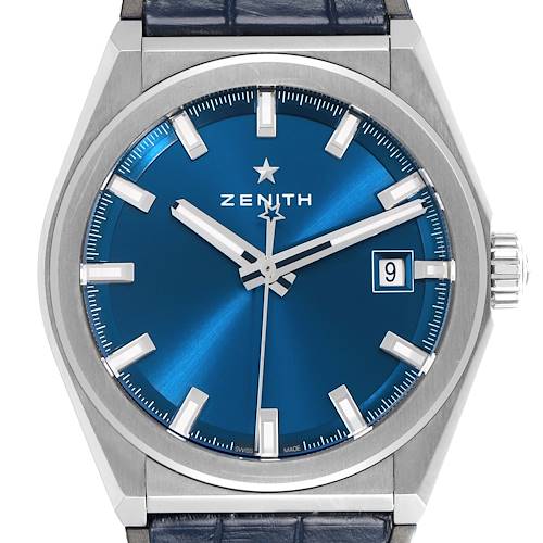 The Zenith Defy 95.9000.670/51 Men's Titanium Blue Dial watch is shown from a front angle, highlighting the dial, hands, date window, and part of the strap.