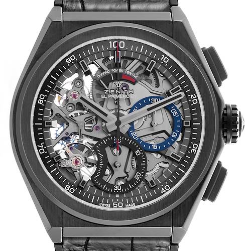 The Zenith Defy 49.9000.9004/78.R782 Men's Ceramic Transparent Dial 49.9000.9004/78.R782 Men's Ceramic Transparent Dial watch is shown from the front, highlighting its skeleton dial and chronograph features.