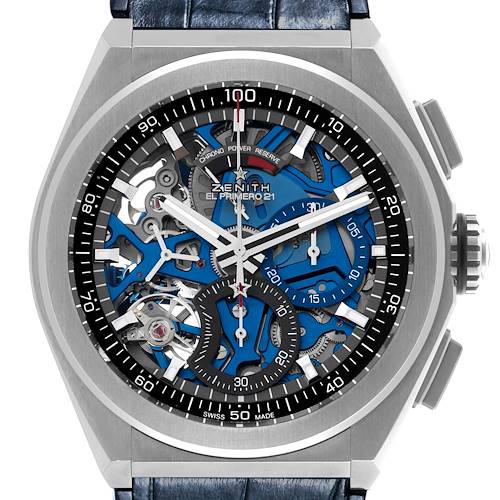 The Zenith El Primero 95.9002.9004/78.R584 Men's Titanium Transparent Dial 95.9002.9004/78.R584 Men's Titanium Transparent Dial watch is shown from a front angle, highlighting its skeleton dial and chronograph features.