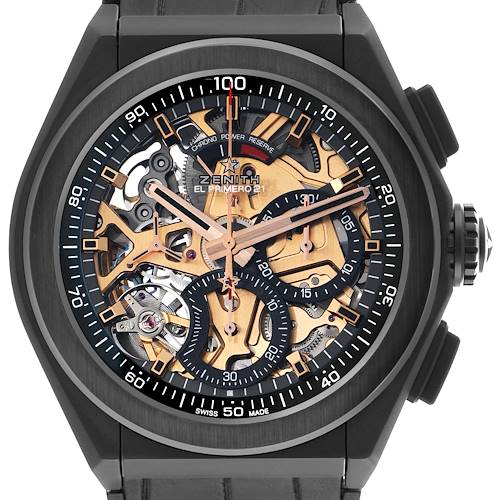 The Zenith El Primero 49.9005.9004/72.R582 Men's Ceramic Black Dial watch is shown in a front view, highlighting its intricate open-worked dial and chronograph features.