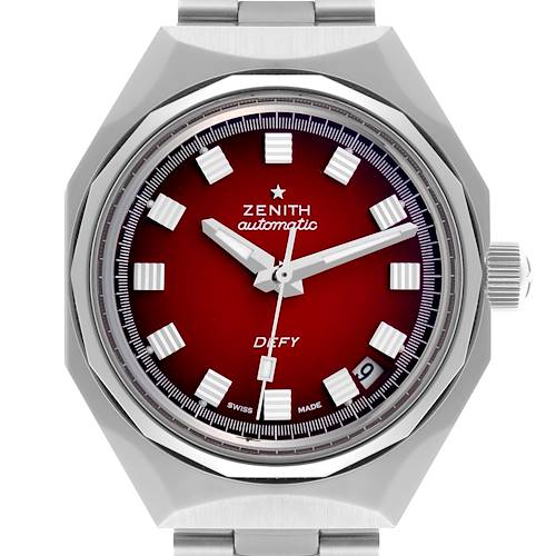 The image shows a Zenith Defy 03.A3642.670/3691.M3642 Men's Stainless Steel Red Dial 03.A3642.670/3691.M3642 Men's Stainless Steel Red Dial watch front-on, displaying its red dial, date window, hands, and crown.