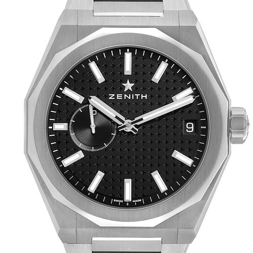 The Zenith Defy 03.9300.3620 Men's Stainless Steel Black Dial watch is shown from a front angle, displaying the case, dial, crown, and bracelet.