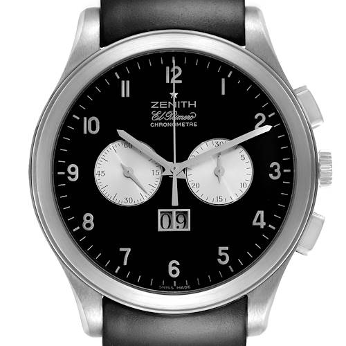 The Zenith El Primero 03.0520.4010/01.R511 Men's Stainless Steel Black Dial 03.0520.4010/01.R511 Men's Stainless Steel Black Dial watch is shown from a front angle, displaying the dial, bezel, crown, and sub-dials.