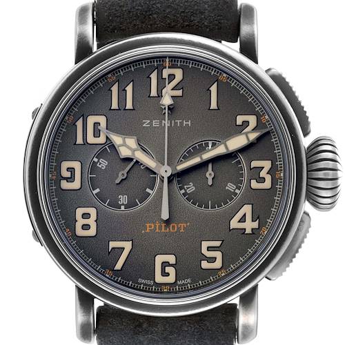 The Zenith Pilot 11.2430.4069 Men's Stainless Steel Grey Dial watch is shown from a front angle, highlighting its large numerals, subdials, and textured crown.