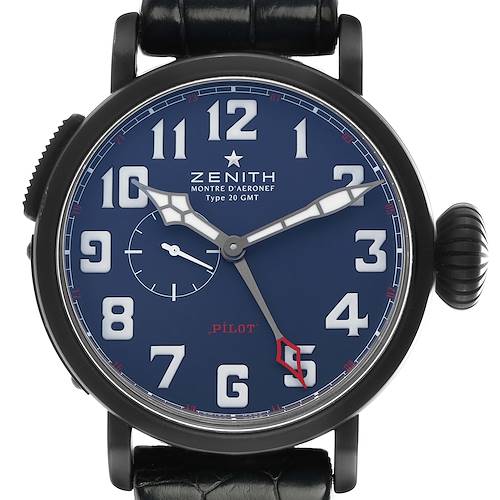 The Zenith Pilot 96.2436.693 Men's Titanium Blue Dial watch is shown from the front, displaying its face, numerals, hands, and crown.