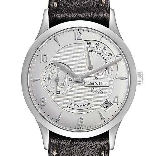 The Zenith Chronomaster 03.1125.685/01.C490 Men's Stainless Steel Silver Dial watch is shown from a top angle, displaying its dial, subdials, and part of the leather strap.